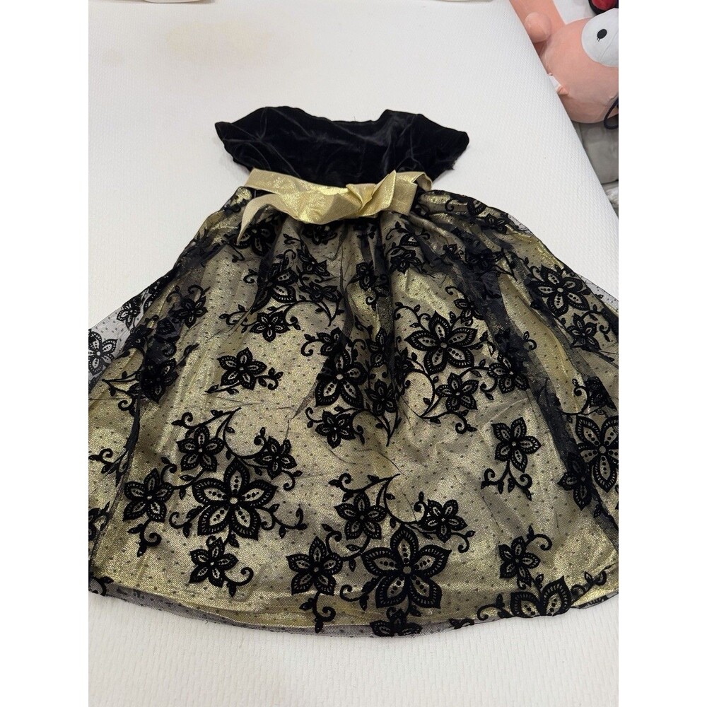 Girls Size 8 Black Gold Velvet Floral Tulle Party Holiday Dress